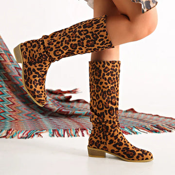 Xajzpa  New Fashion Leopard Women Knee-High Boots Autumn Winter Suede Point Toe Modern Boots Outdoor Plus Size Mid-Calf Woman Boots